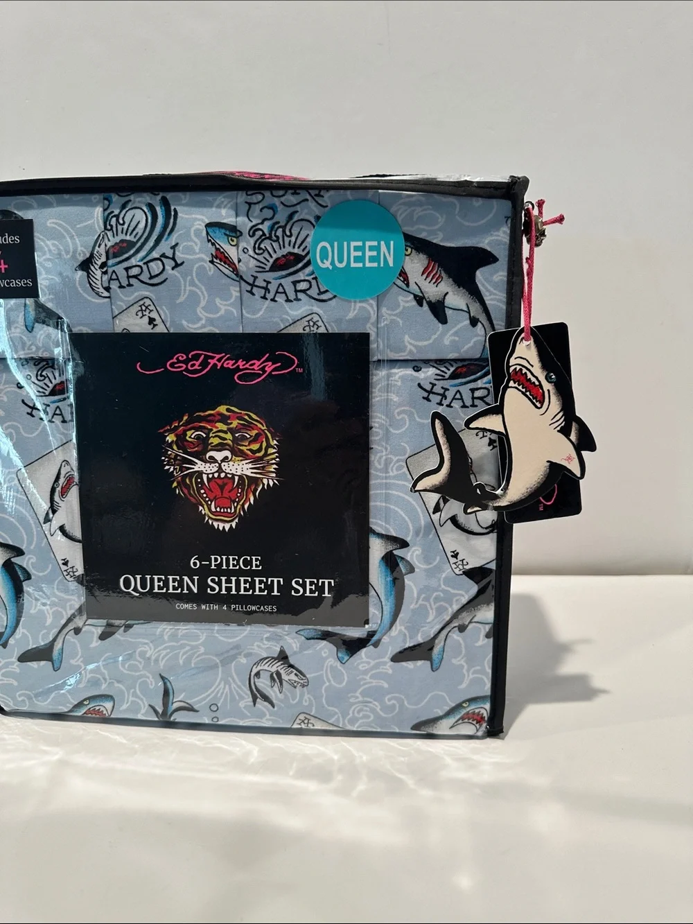 NWT Ed Hardy Shark’s Collection 6 Piece Queen Sheet Set with 4 Pillowcases.